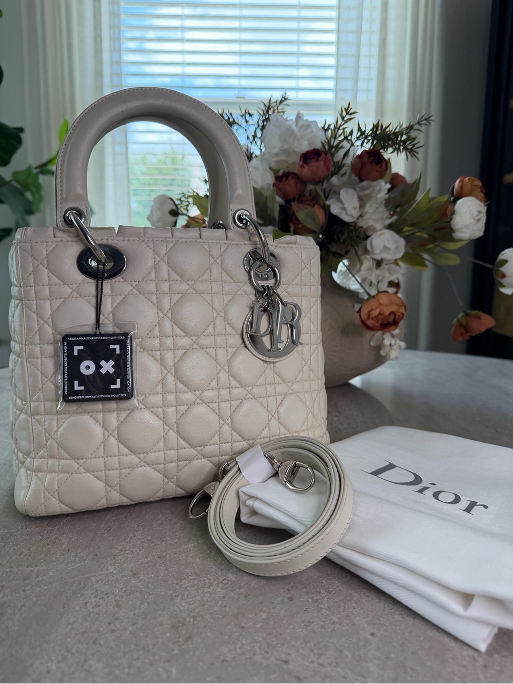 Christian Dior Lady Dior Medium Cannage Lambskin Ruffle Trim Ivory Bag
